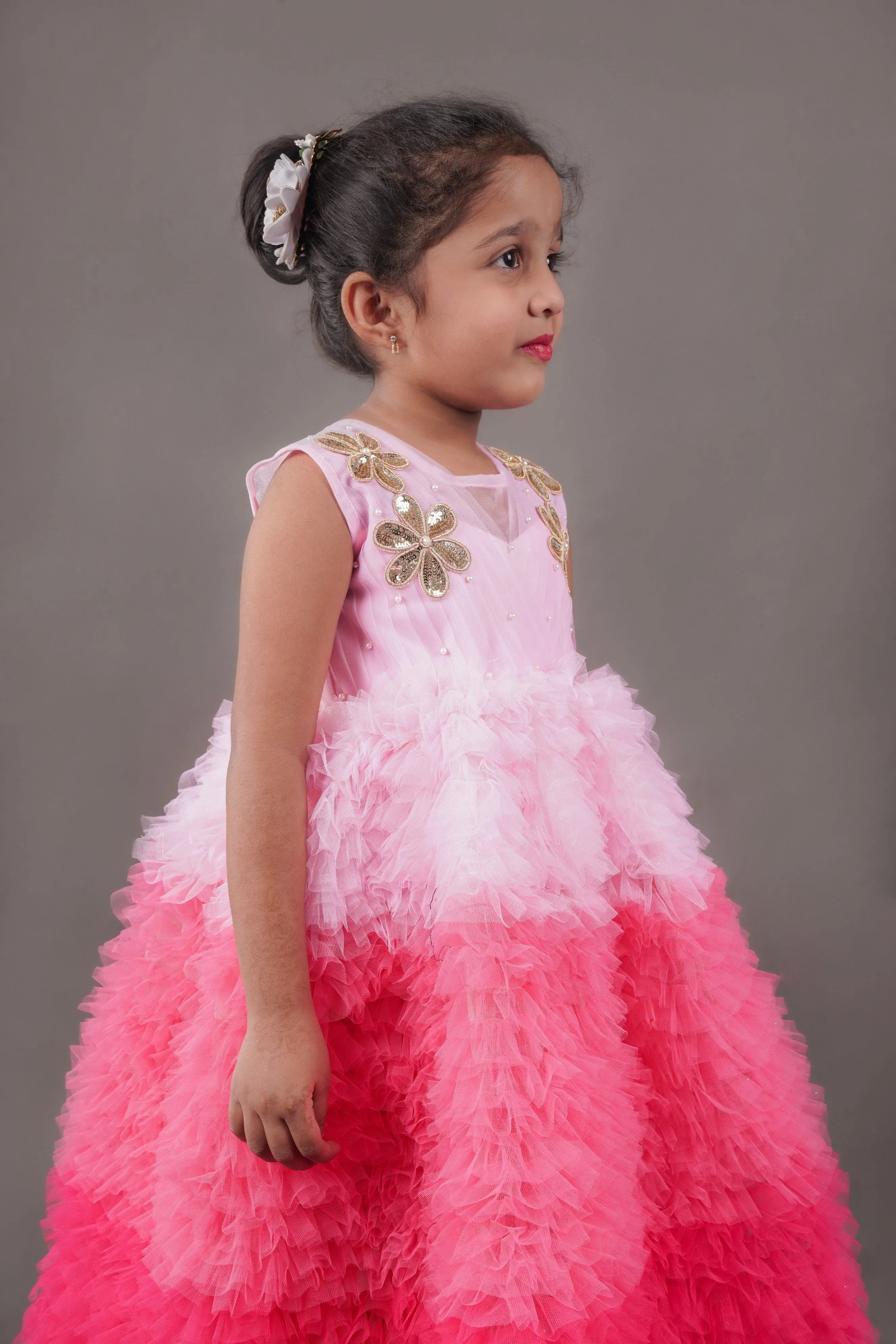 Pre Order: Pleated Yoke Floral Embroidered Ruffle Shaded Pink Gown