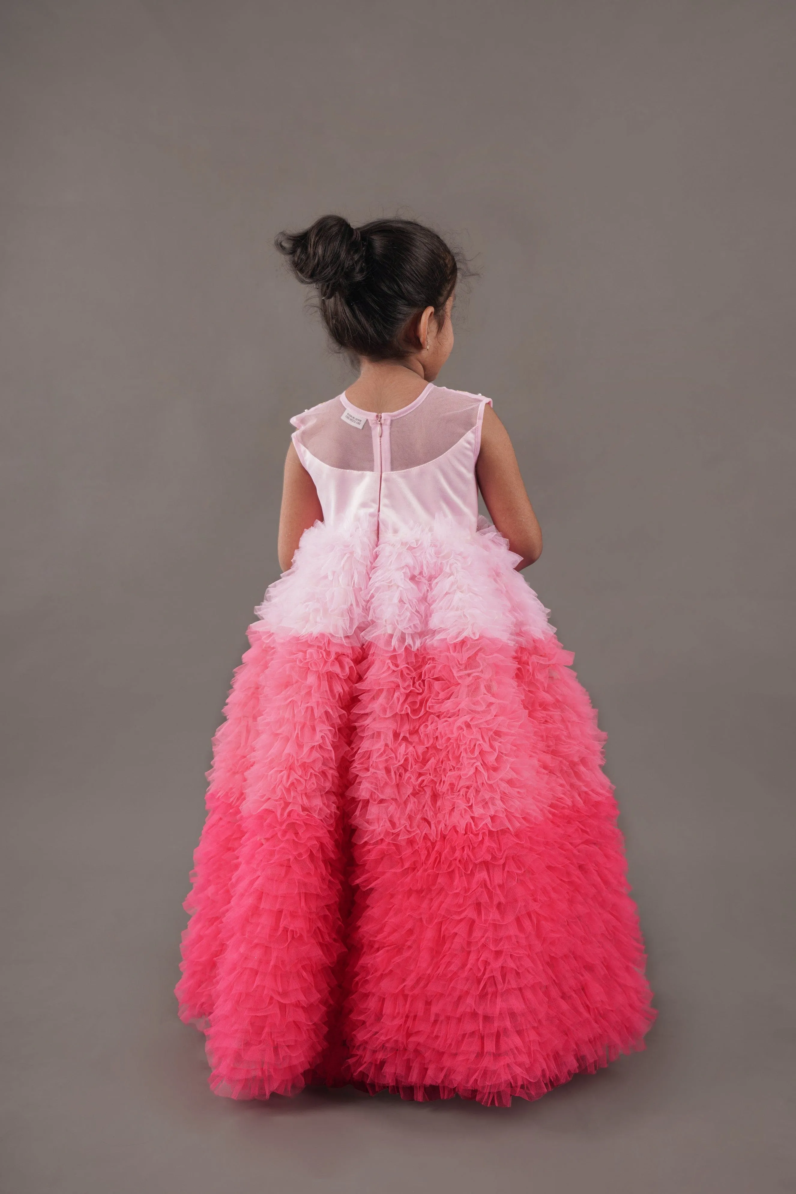 Pre Order: Pleated Yoke Floral Embroidered Ruffle Shaded Pink Gown