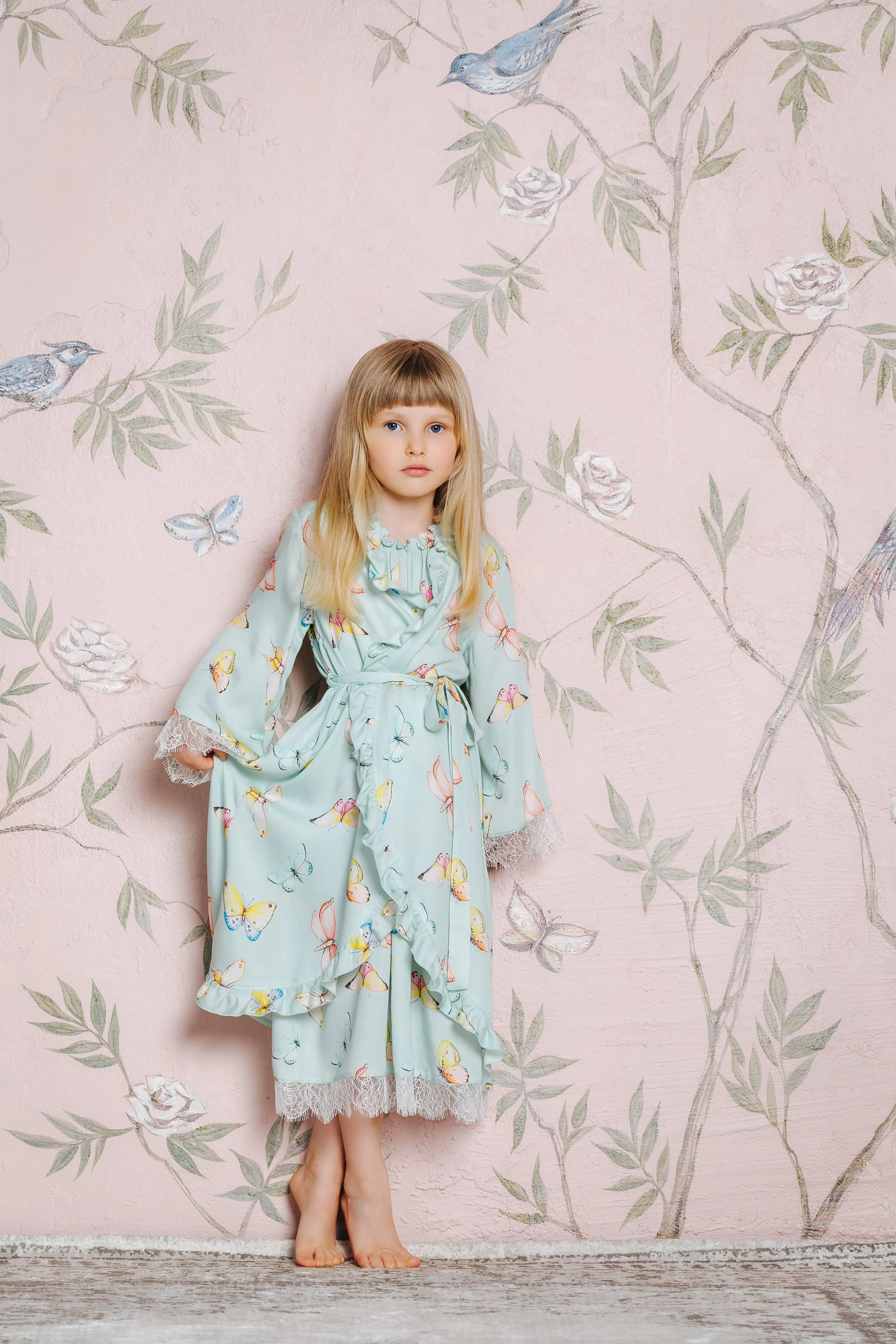 SOFIA - KIDS' DRESSING GOWN MINTY GREEN BUTTERFLIES