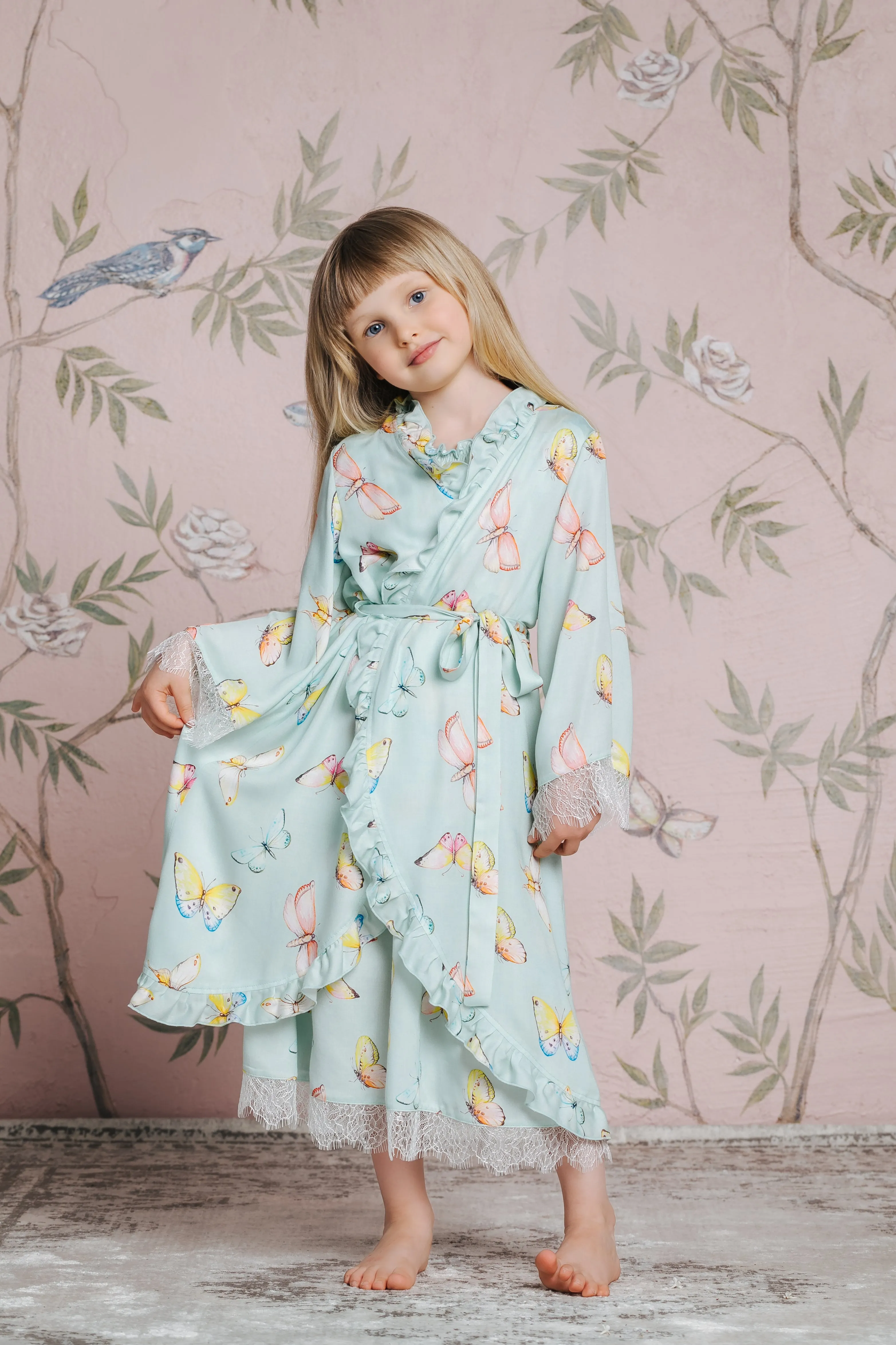 SOFIA - KIDS' DRESSING GOWN MINTY GREEN BUTTERFLIES